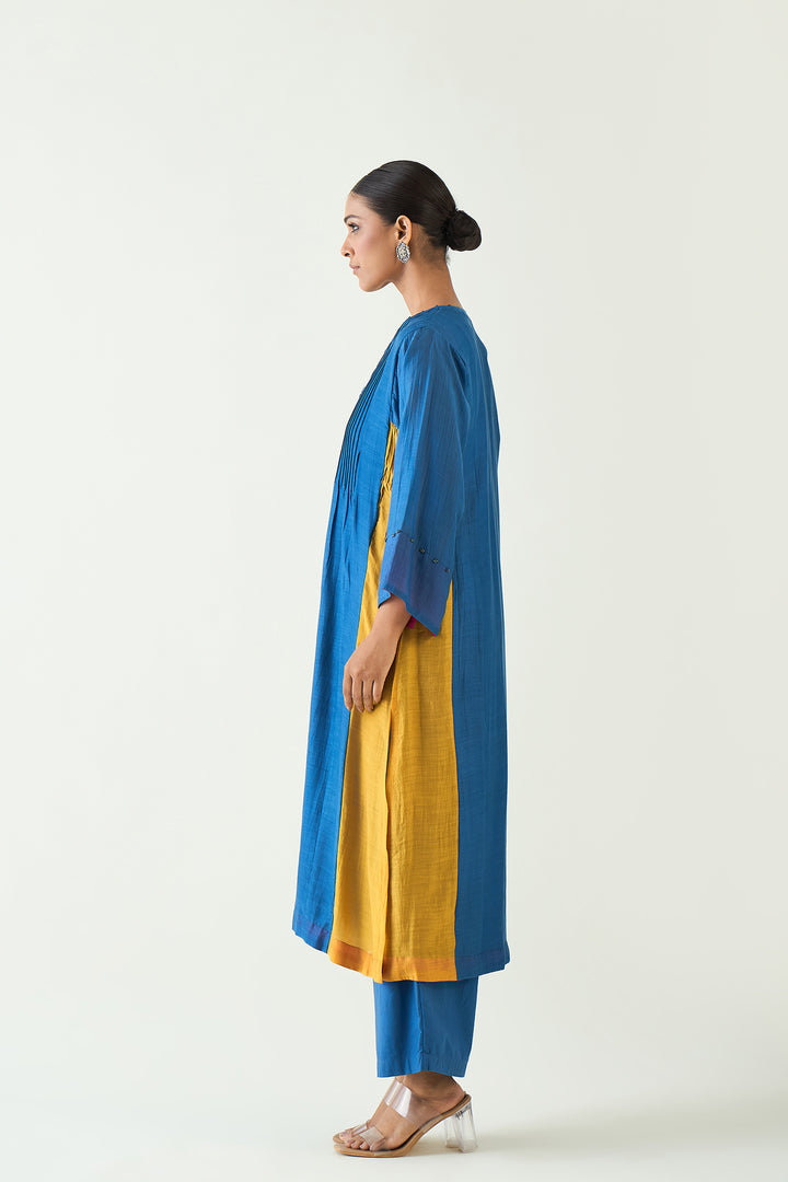 Kriya: Cotton Silk Color block choga set - Blue Mustard Pink