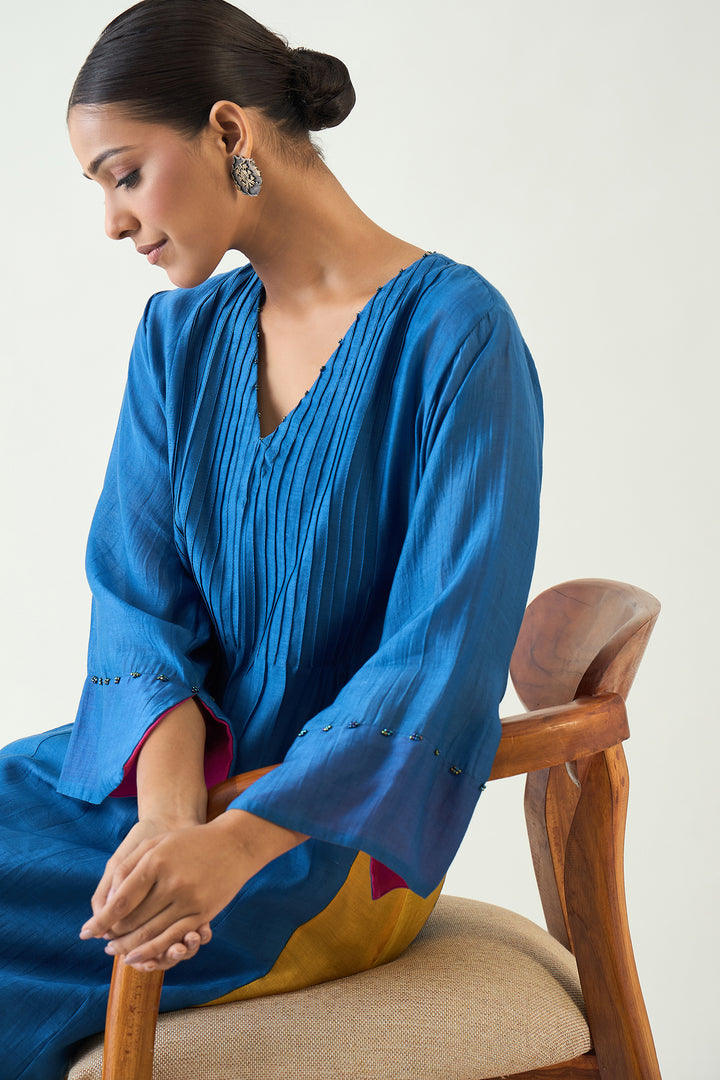 Kriya: Cotton Silk Color block choga set - Blue Mustard Pink