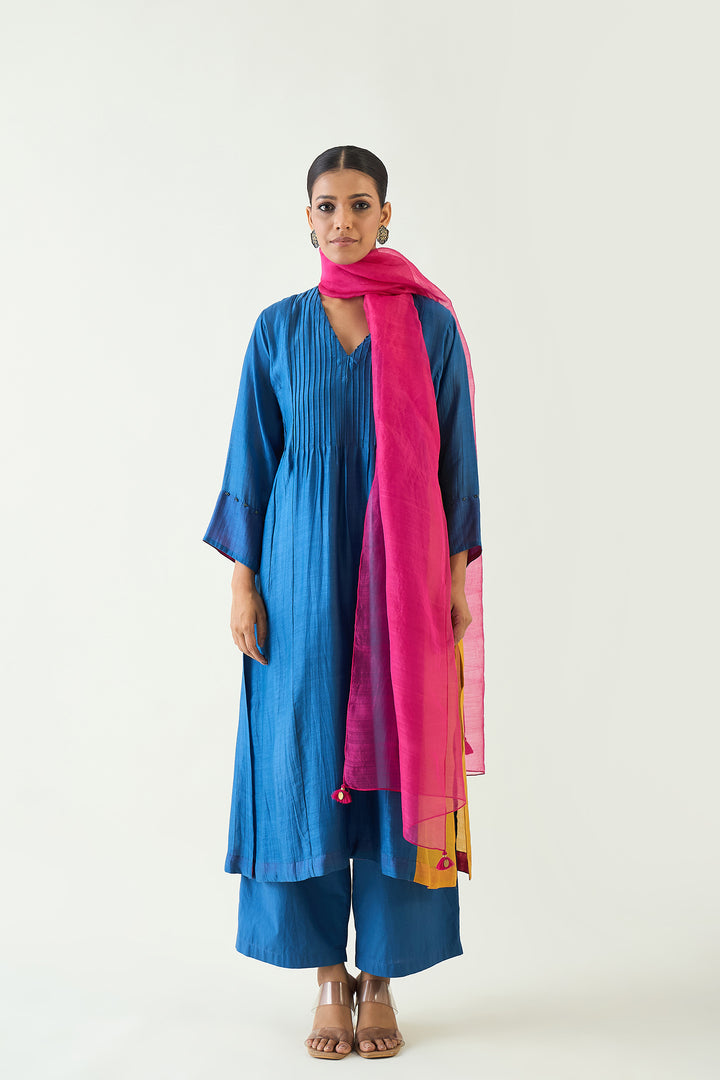 Kriya: Cotton Silk Color block choga set - Blue Mustard Pink