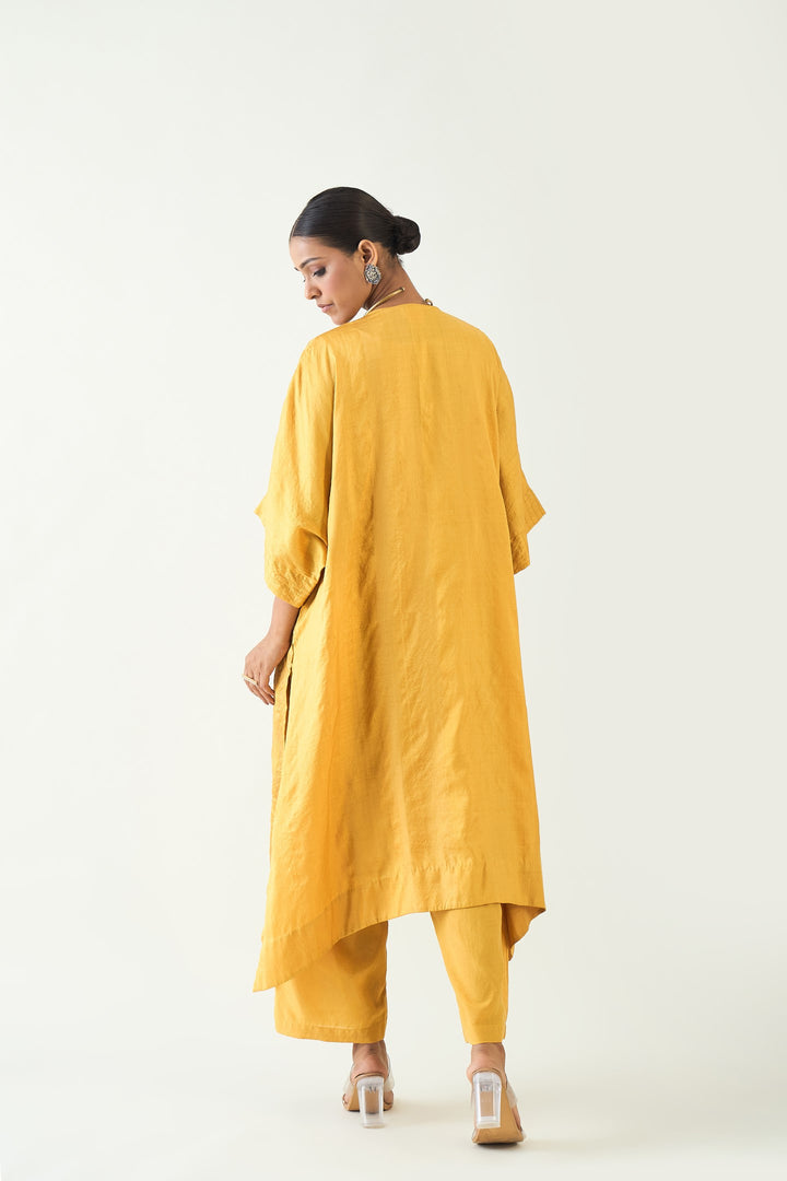 Damani: Silk with Gold weave Kimono Kaftan set - Mustard