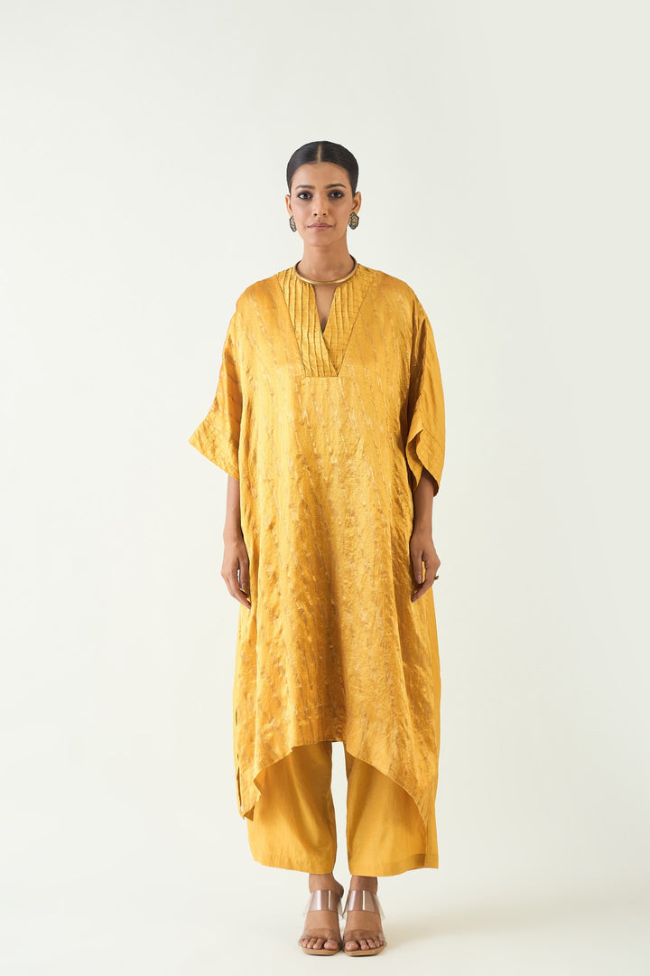 Damani: Silk with Gold weave Kimono Kaftan set - Mustard