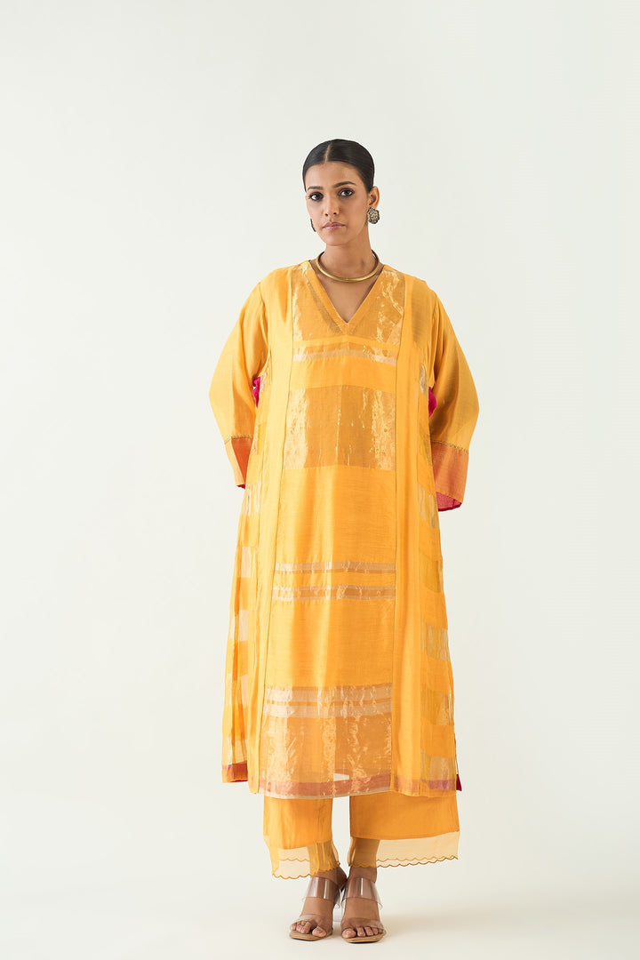 Mira: Silk stripe tissue Choga set- Mango