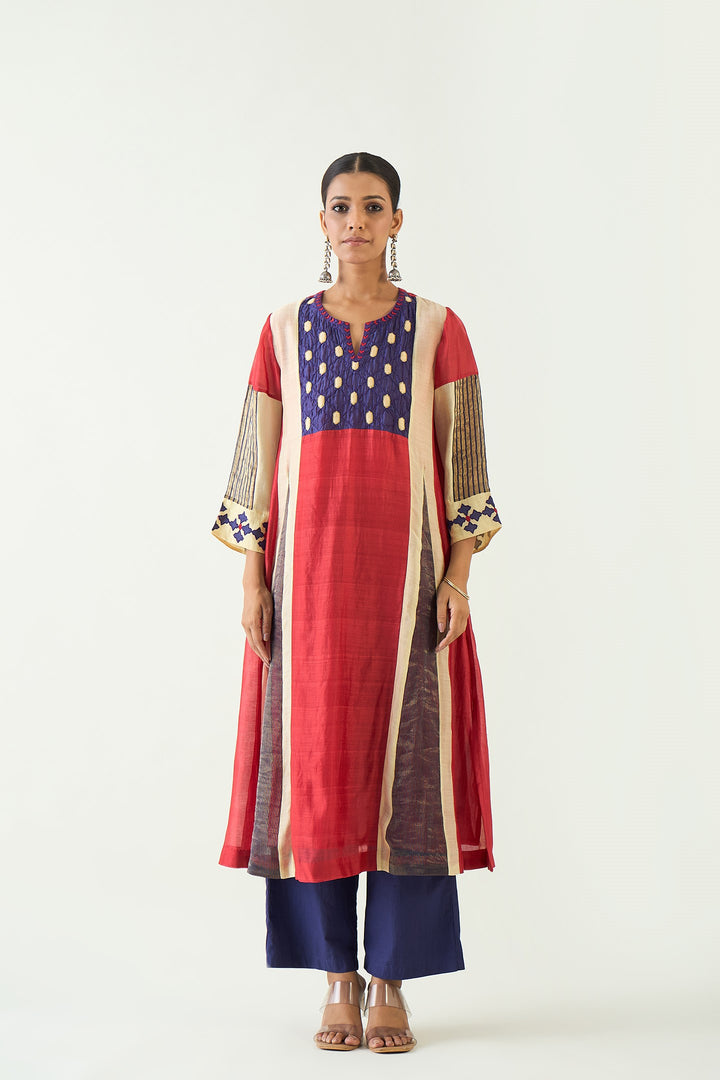 Roop: Cotton Silk Kali Kurta set - Red and Purple