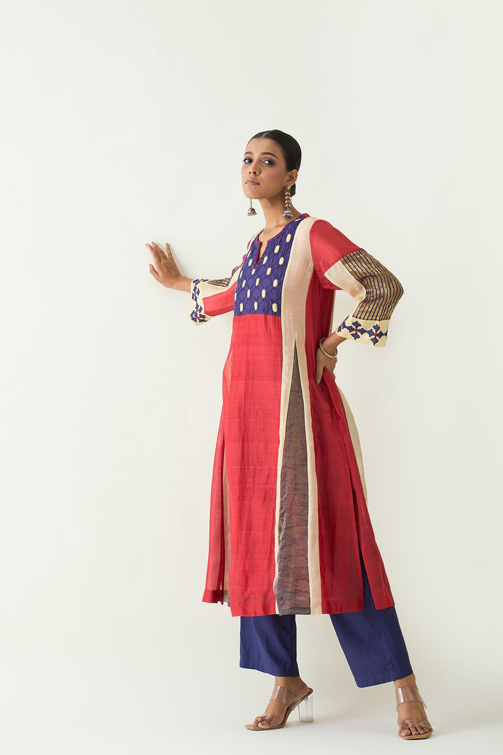 Roop: Cotton Silk Kali Kurta set - Red and Purple