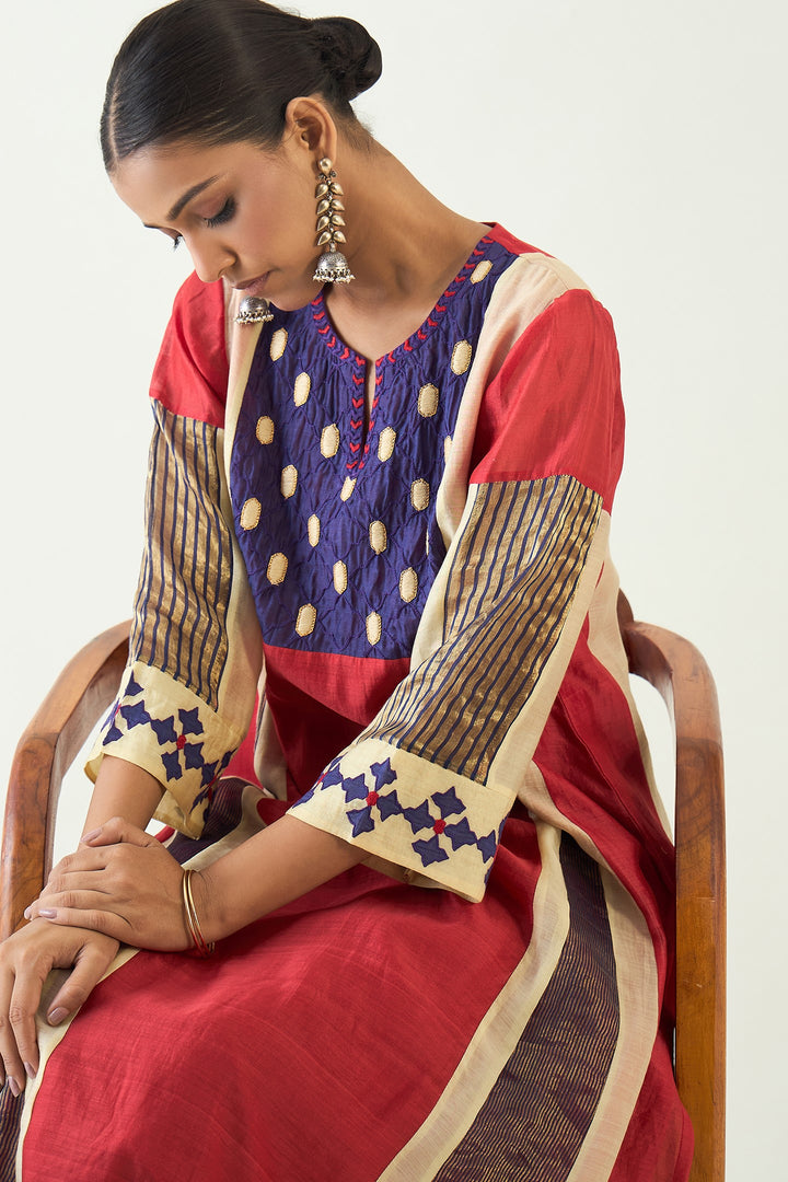 Roop: Cotton Silk Kali Kurta set - Red and Purple