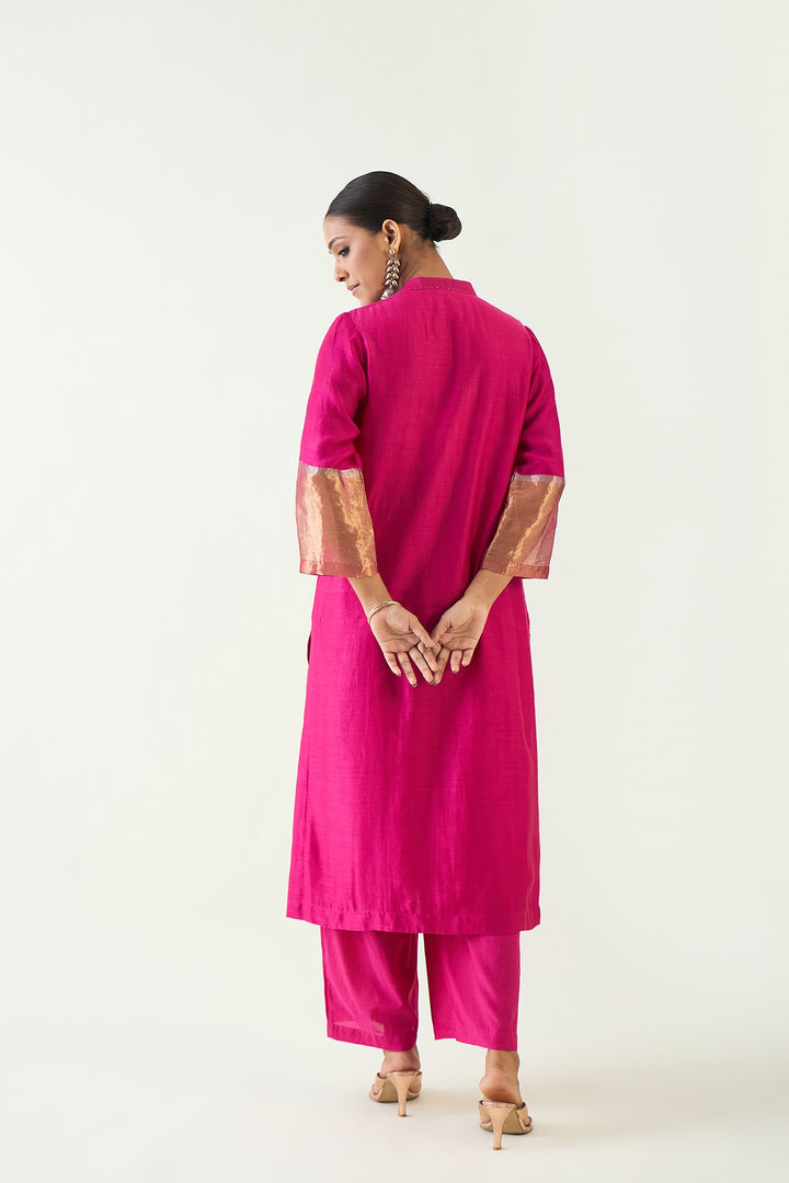 Mira: Silk stripe tissue straight kurta set - Hot Pink