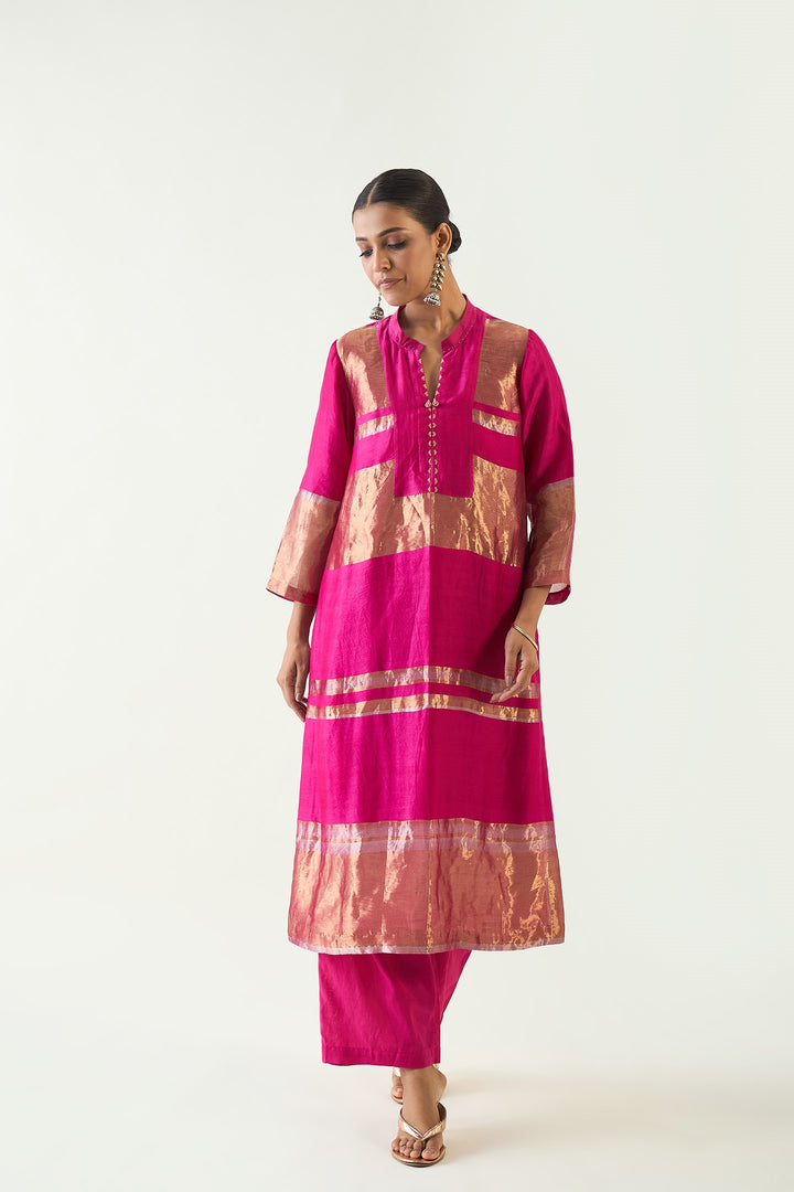 Mira: Silk stripe tissue straight kurta set - Hot Pink