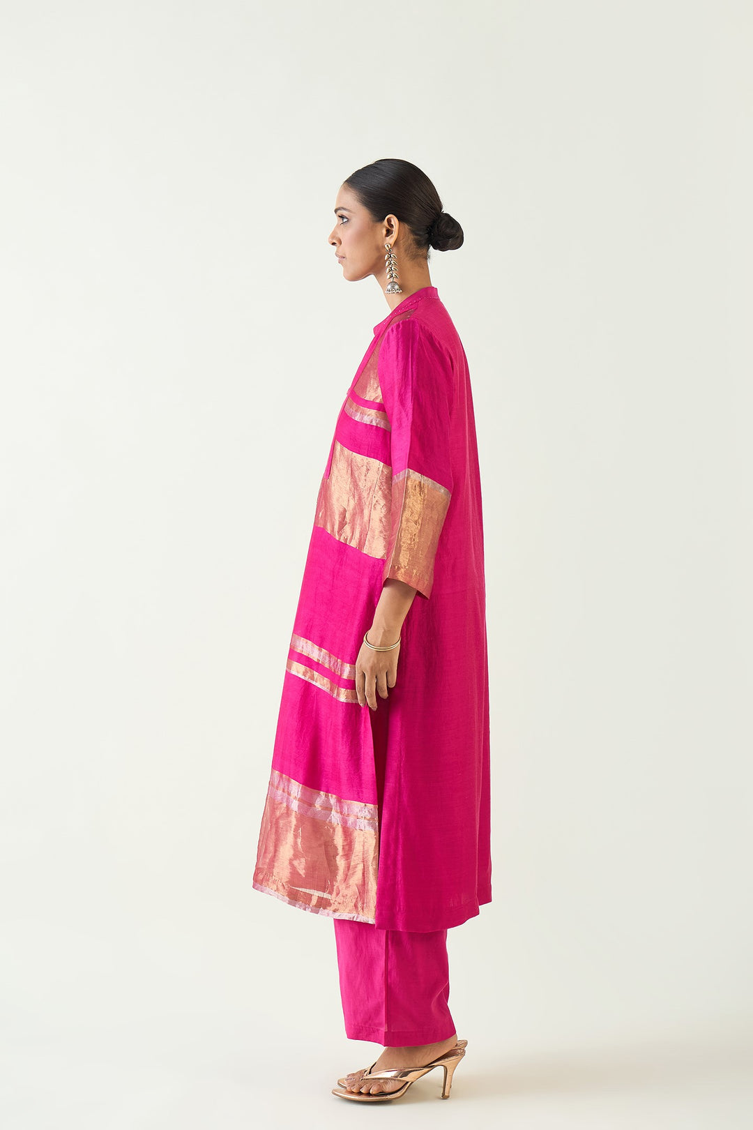 Mira: Silk stripe tissue straight kurta set - Hot Pink