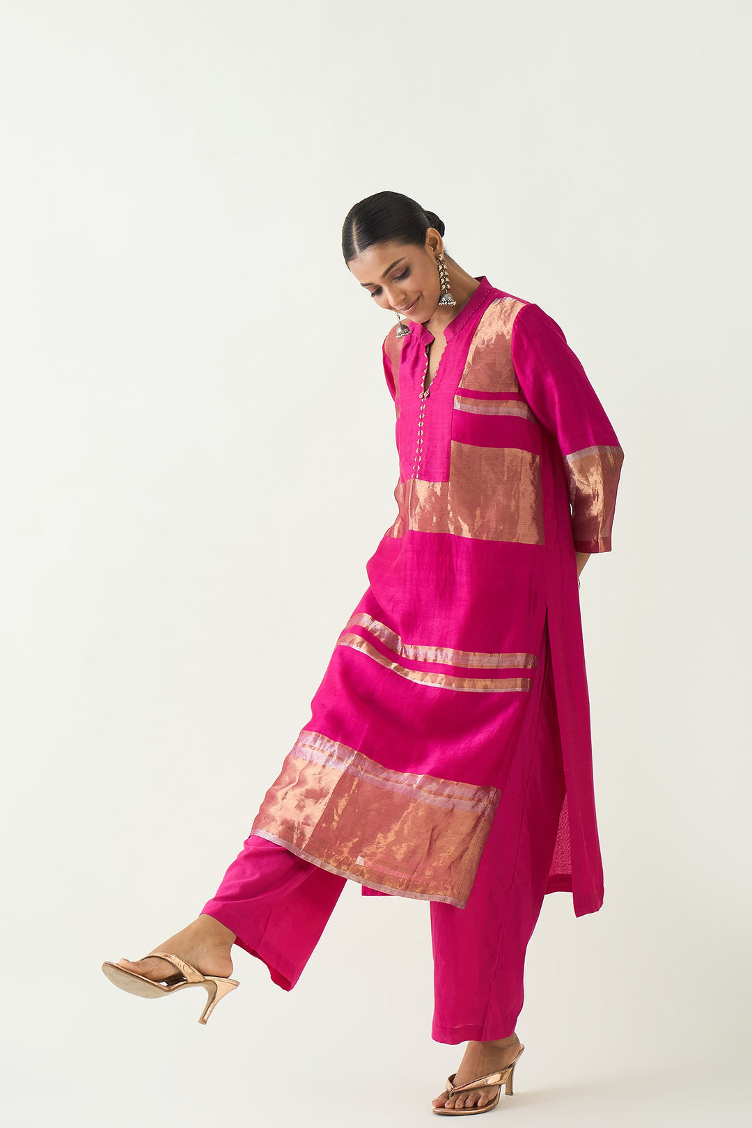 Mira: Silk stripe tissue straight kurta set - Hot Pink