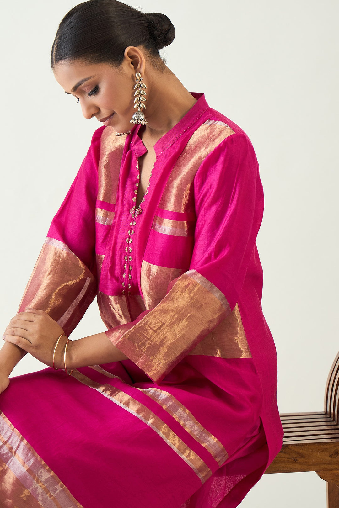 Mira: Silk stripe tissue straight kurta set - Hot Pink