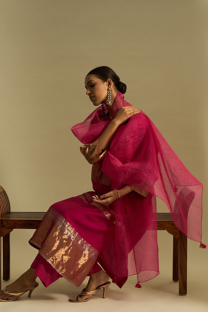 Mira: Silk stripe tissue straight kurta set - Hot Pink