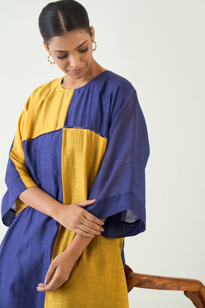 Jeeva: Cotton Silk colour block check sequin tunic - Purple/Mustard