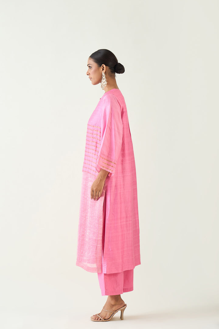 Kaya: Zari Stripe and Silk Patch Kurta set - Candy Pink and Gold