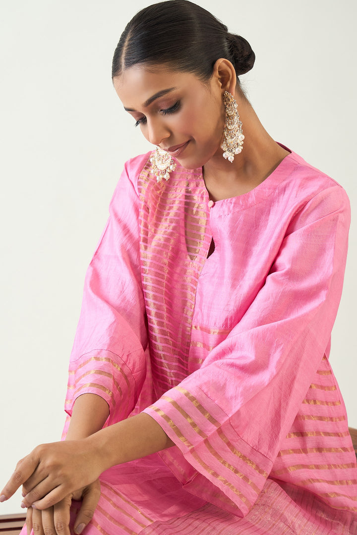 Kaya: Zari Stripe and Silk Patch Kurta set - Candy Pink and Gold