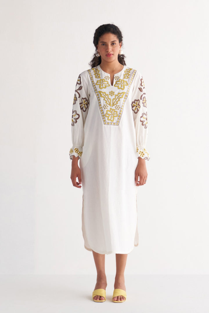 Ivory Melange Cutwork & Cross-stitch Shirt dress