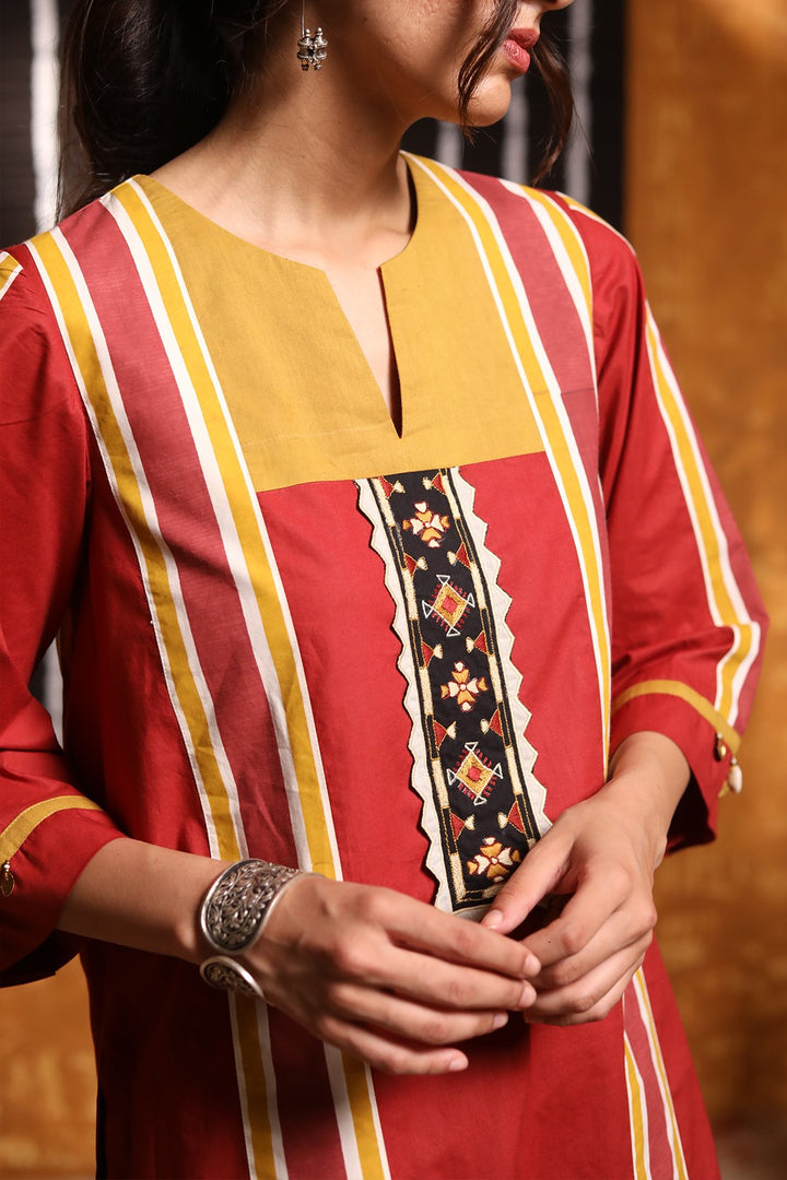 Maroon Colour Block Embroidery Patch Kurta