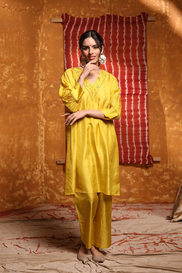 Mustard Silk V-Neck Cape with Tara Tribal motifs