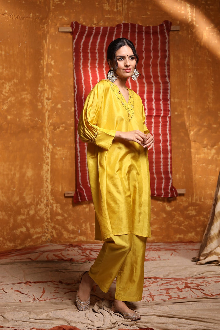 Mustard Silk V-Neck Cape with Tara Tribal motifs