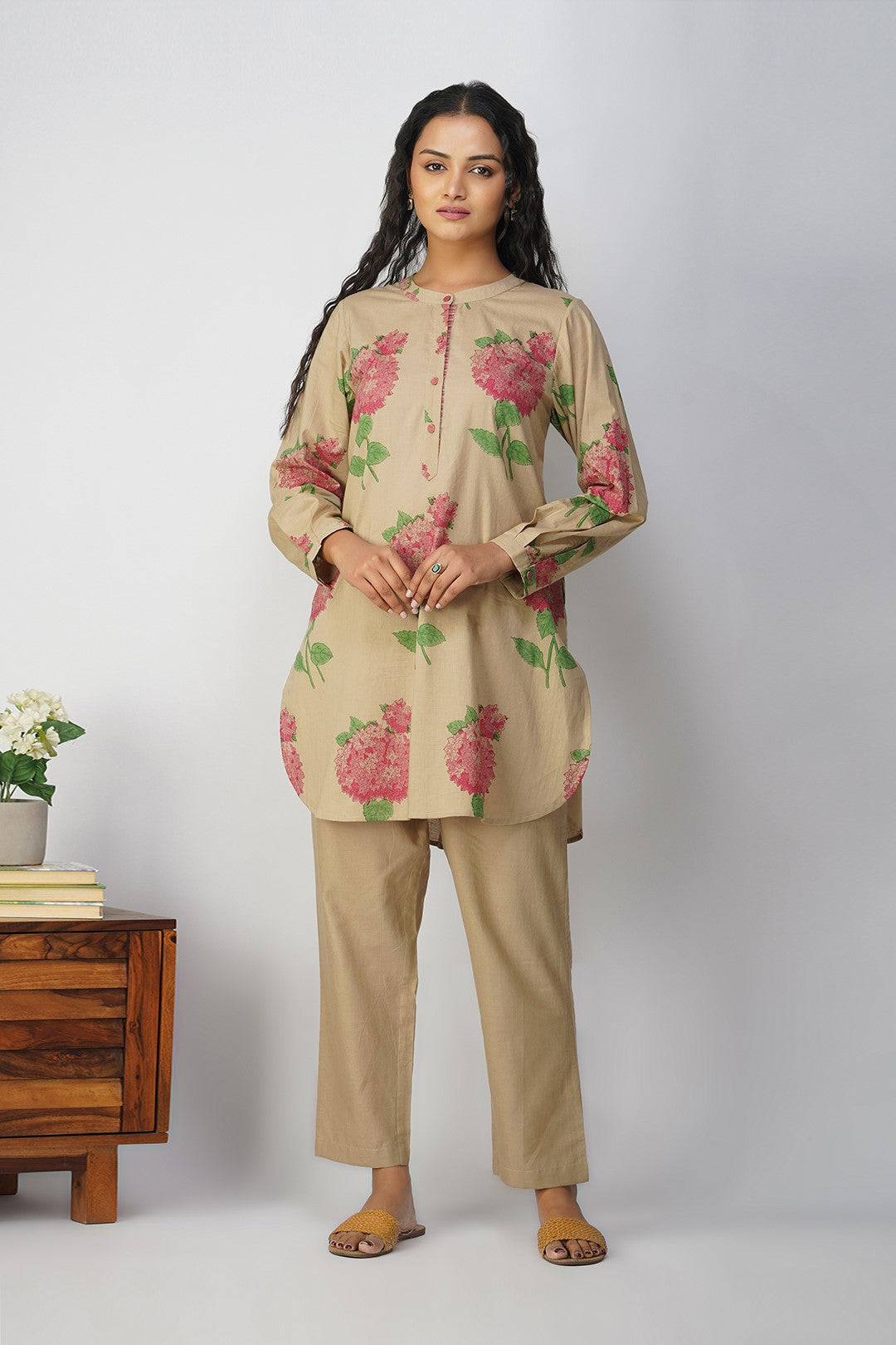 Pink Hydrangea Tunic With Plain Pants