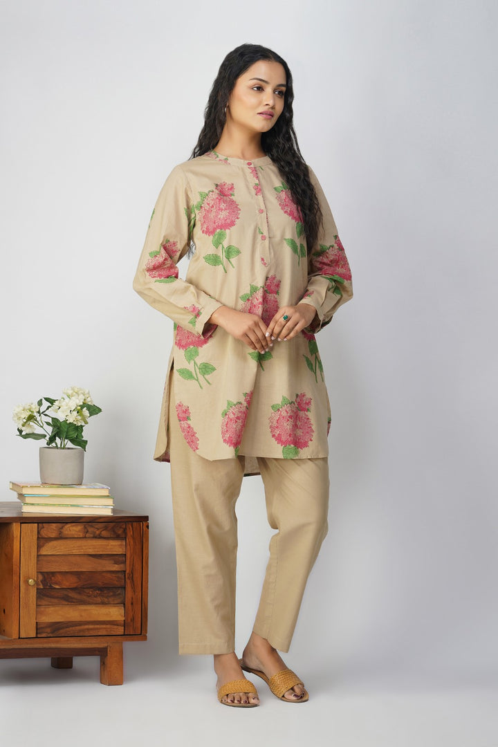 Pink Hydrangea Tunic With Plain Pants