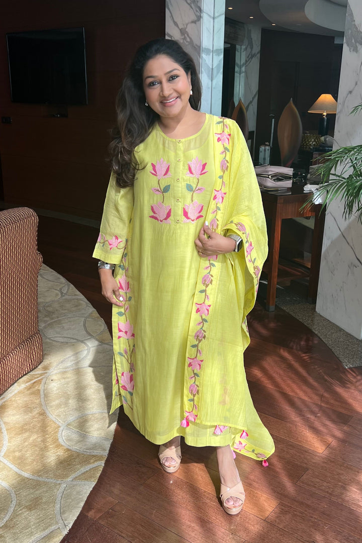 BAHAAR OLIVE FLORAL KALI KURTA SET