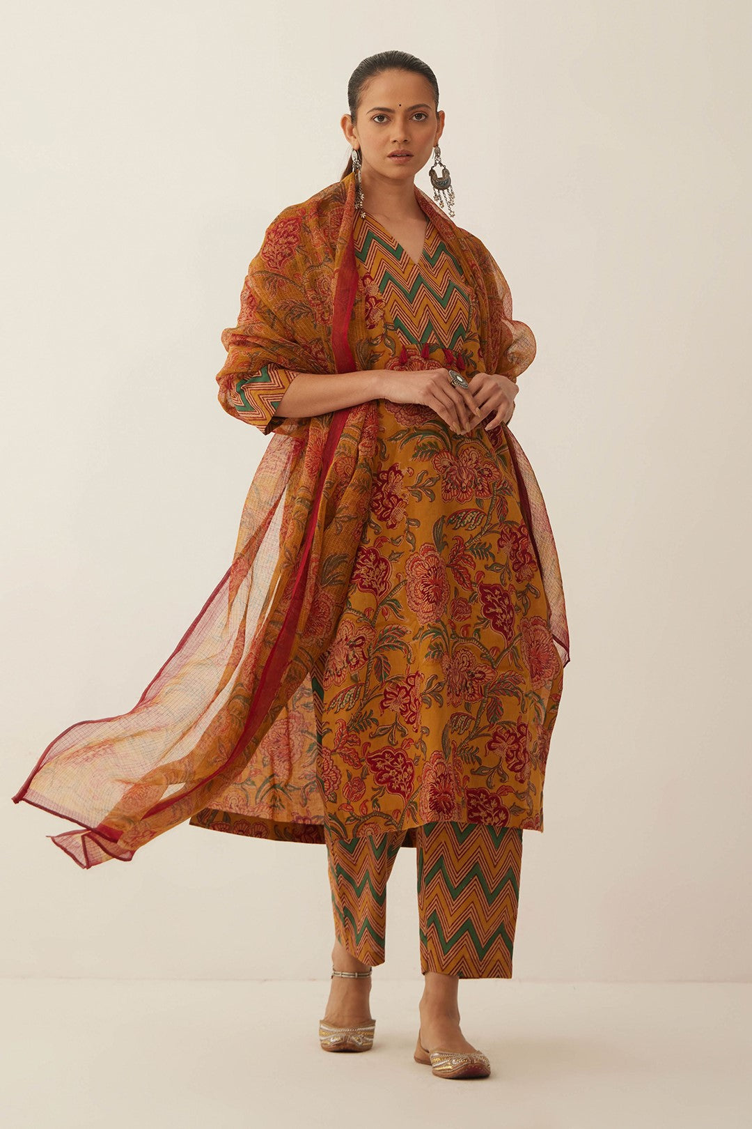 BURNT ORANGE CHINTZ AND CHEVRON STRAIGHT KURTA