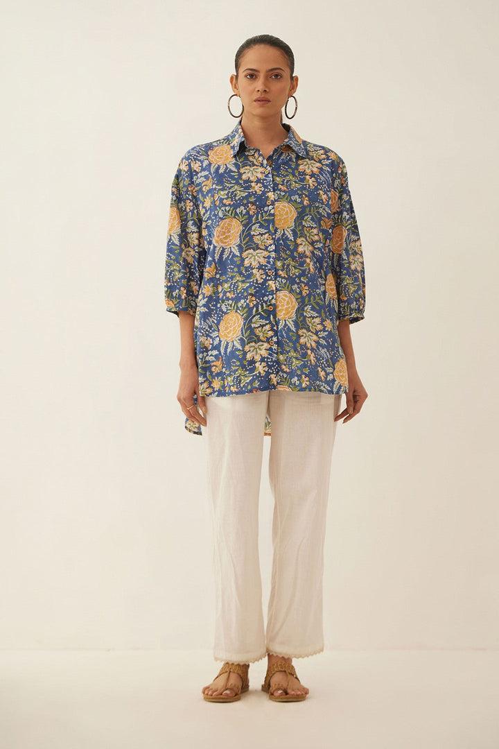 BLUE FLORAL CHINTZ COTTON SHIRT