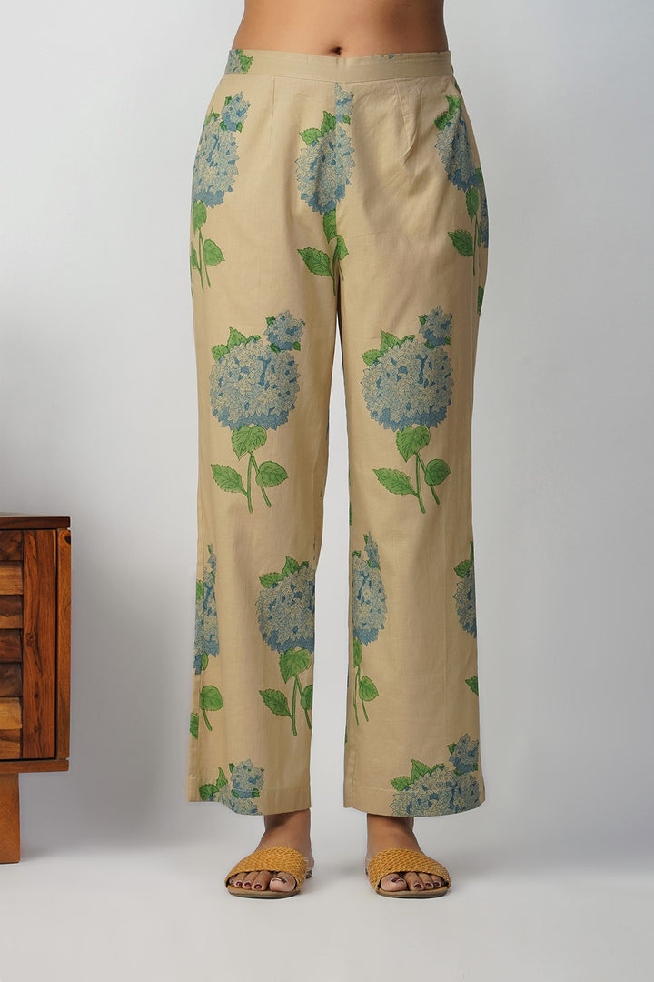 Beige Blue Hydrangea Floral Print Pant