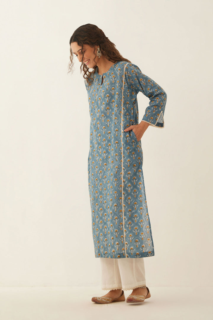 COBALT BLUE COTTON FLORAL KURTA