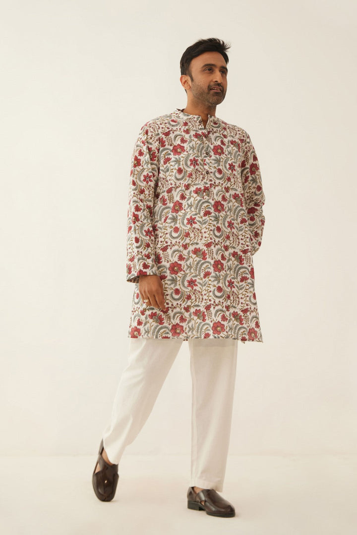 IVORY FLORAL CHINTZ MEN SHORT KURTA