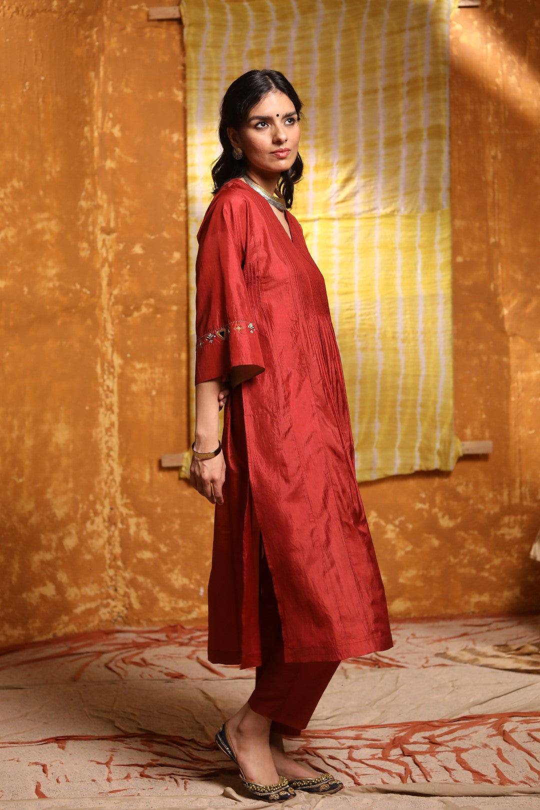 Maroon Handloom Silk Pintuck Choga