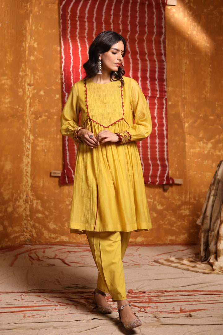 Mustard Smocking Gather Cuff Embroidery Kurta & Pant with Dupatta