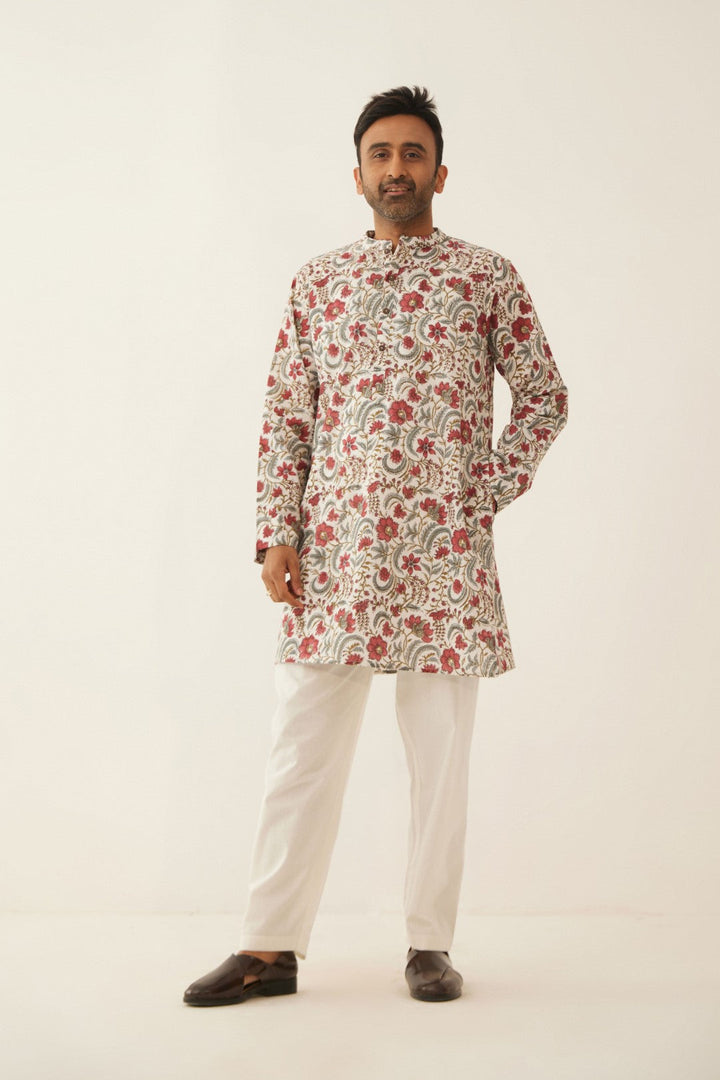 IVORY FLORAL CHINTZ MEN SHORT KURTA