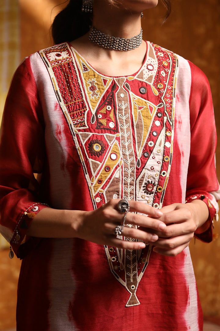 Maroon V-Neck Abstract Work Kurta With Pants & Dupatta