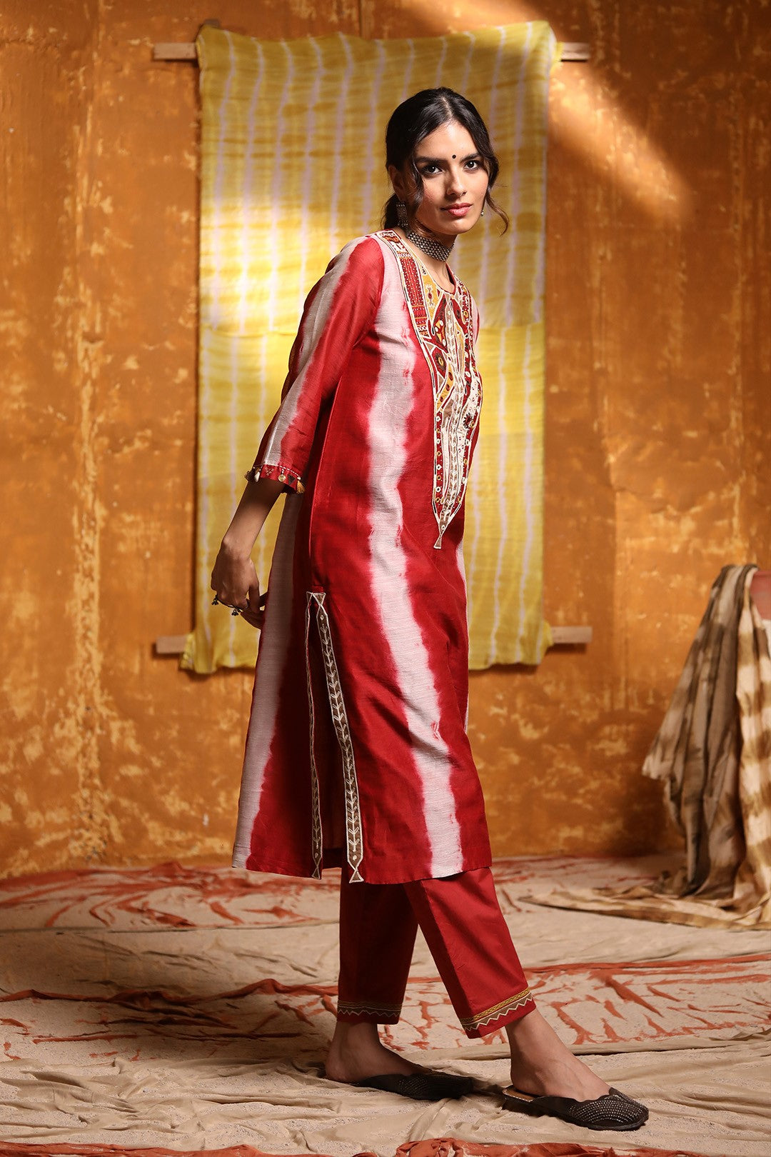 Maroon V-Neck Abstract Work Kurta With Pants & Dupatta