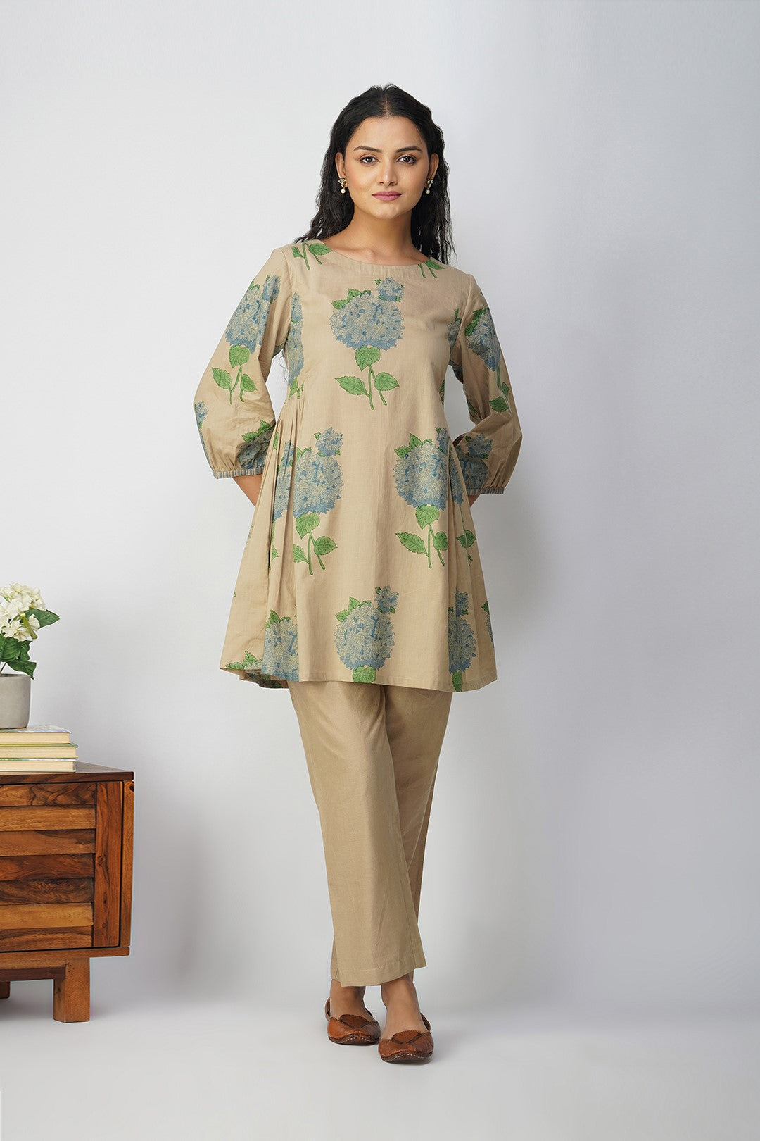 Blue Hydrangea Side Gather Block Printed Tunic