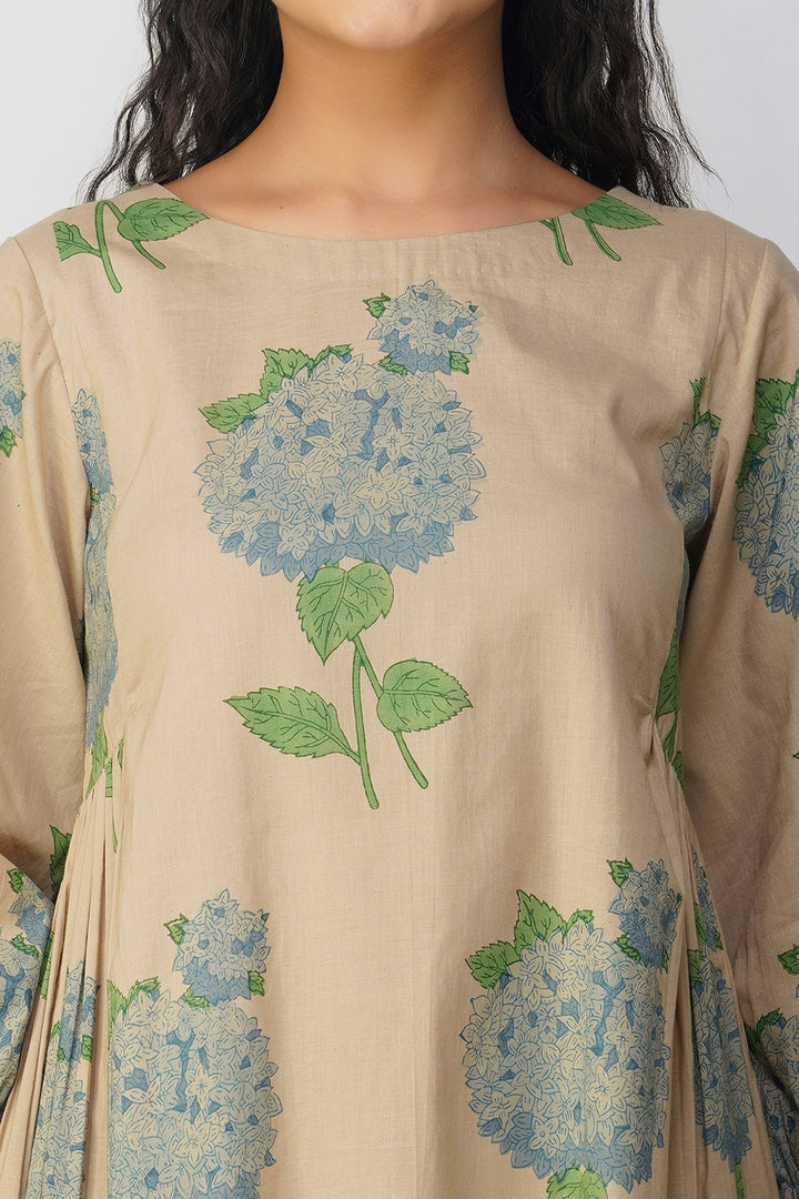 Blue Hydrangea Side Gather Block Printed Tunic with Plain Pants