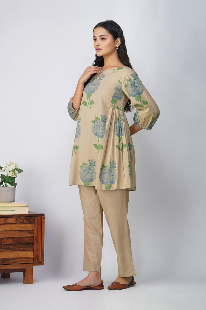 Blue Hydrangea Side Gather Block Printed Tunic with Plain Pants