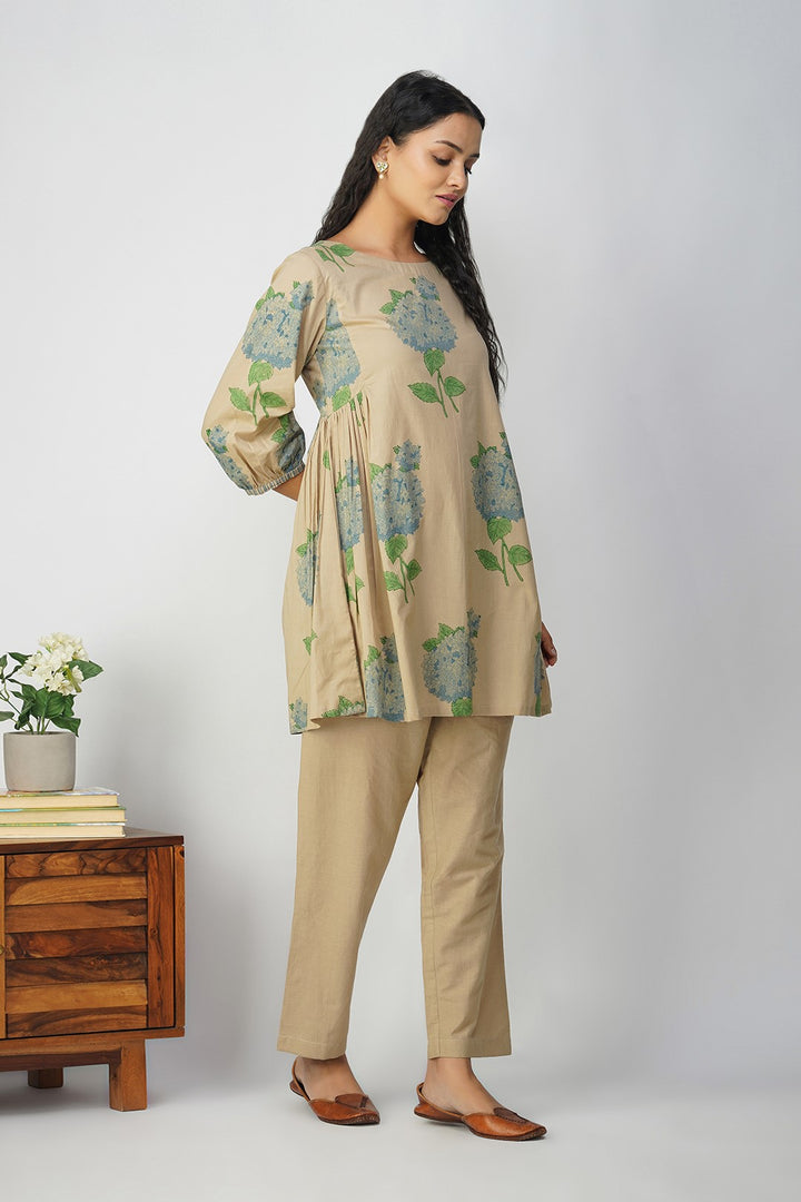 Blue Hydrangea Side Gather Block Printed Tunic with Plain Pants