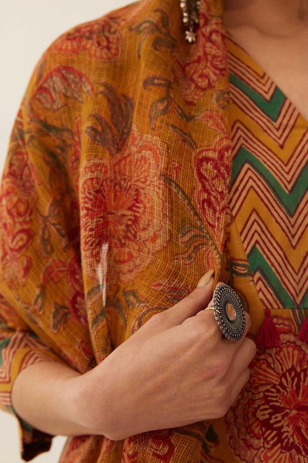 BURNT ORANGE CHINTZ AND CHEVRON STRAIGHT KURTA