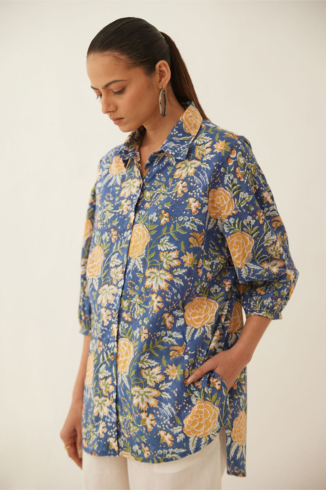 BLUE FLORAL CHINTZ COTTON SHIRT