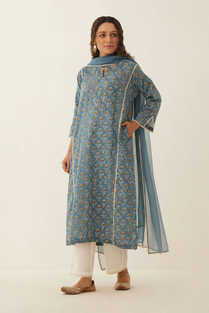 COBALT BLUE COTTON FLORAL KURTA