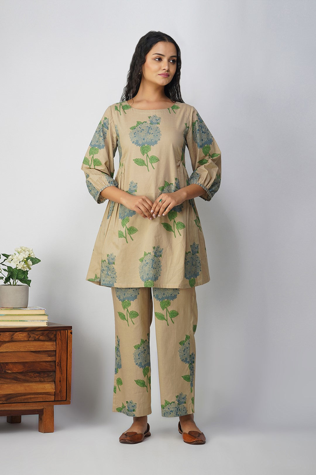 Blue Hydrangea Side Gather Block Printed Tunic