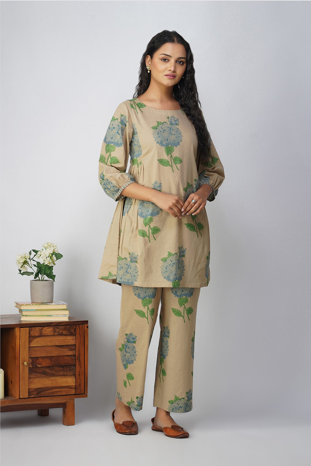 Blue Hydrangea Side Gather Block Printed Tunic with Floral Pants