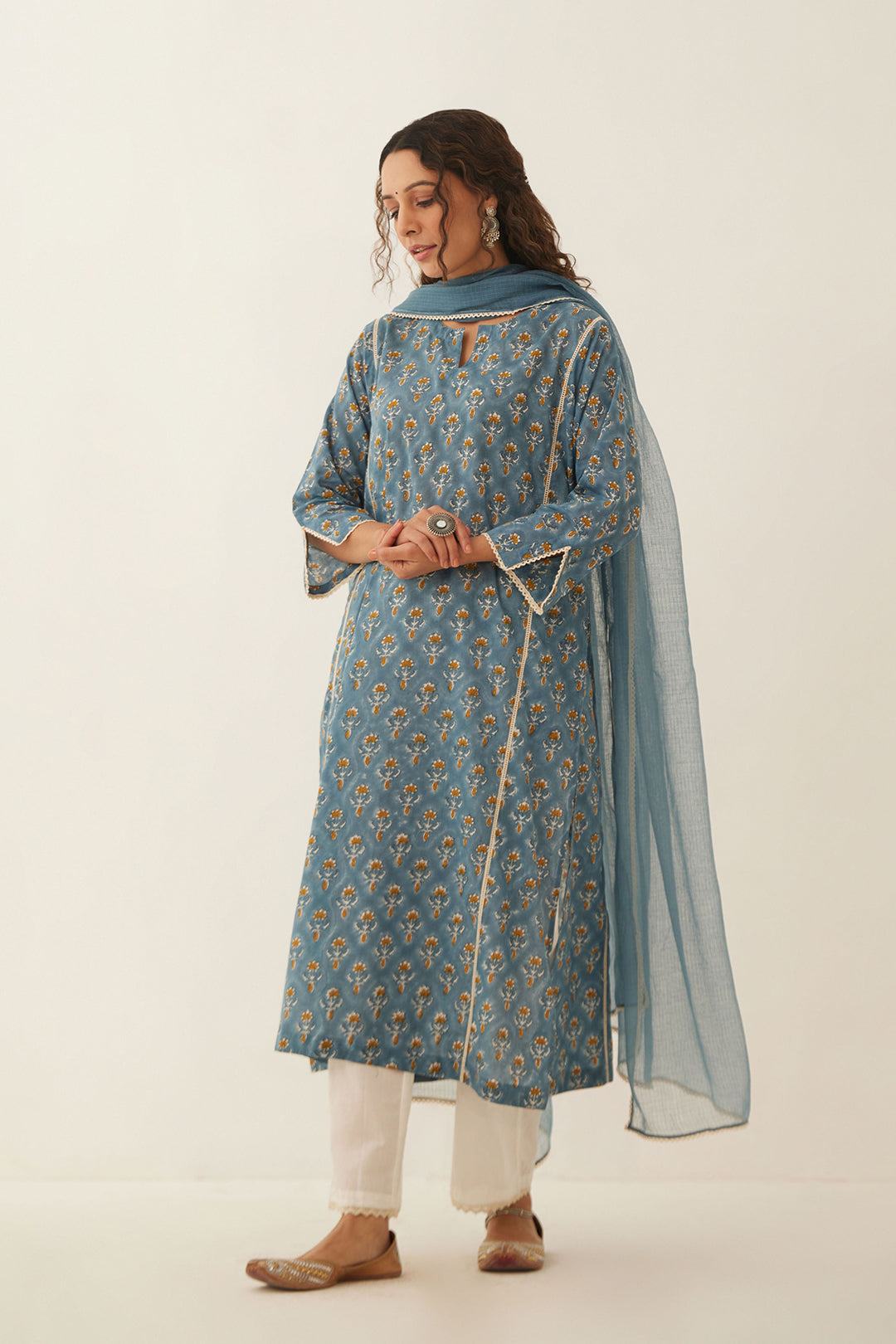 COBALT BLUE COTTON FLORAL KURTA