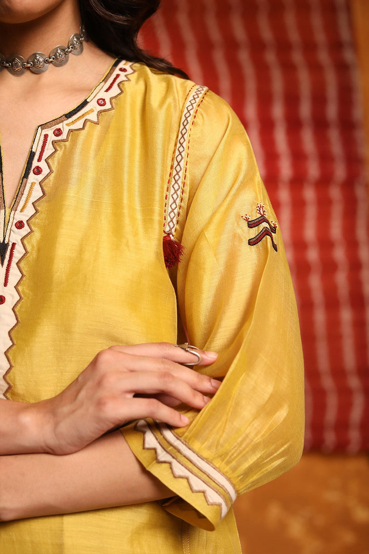 Mustard Triangle Applique Work Kurta With Pants & Dupatta