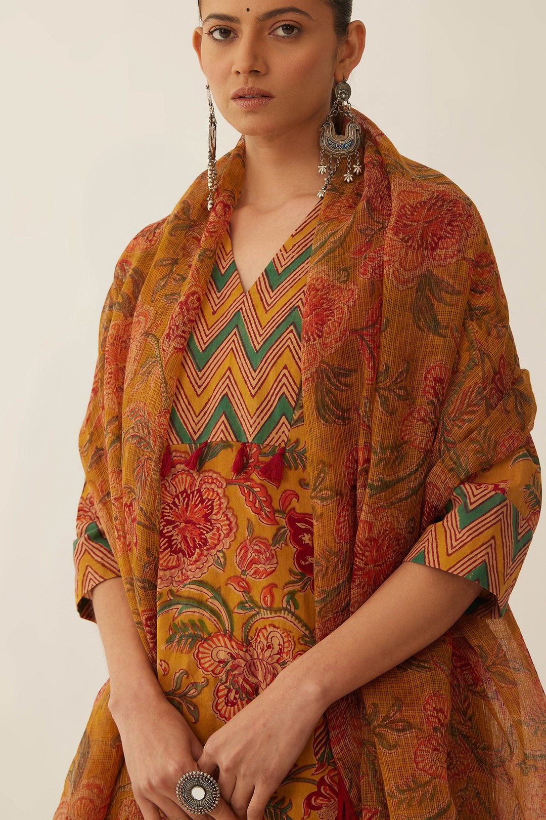 BURNT ORANGE CHINTZ AND CHEVRON STRAIGHT KURTA