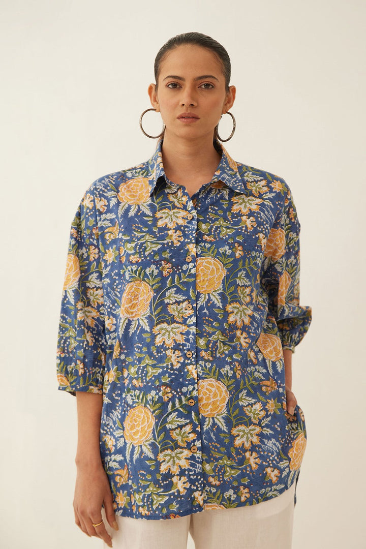 BLUE FLORAL CHINTZ COTTON SHIRT