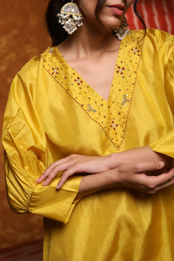 Mustard Silk V-Neck Cape with Tara Tribal motifs With Pants