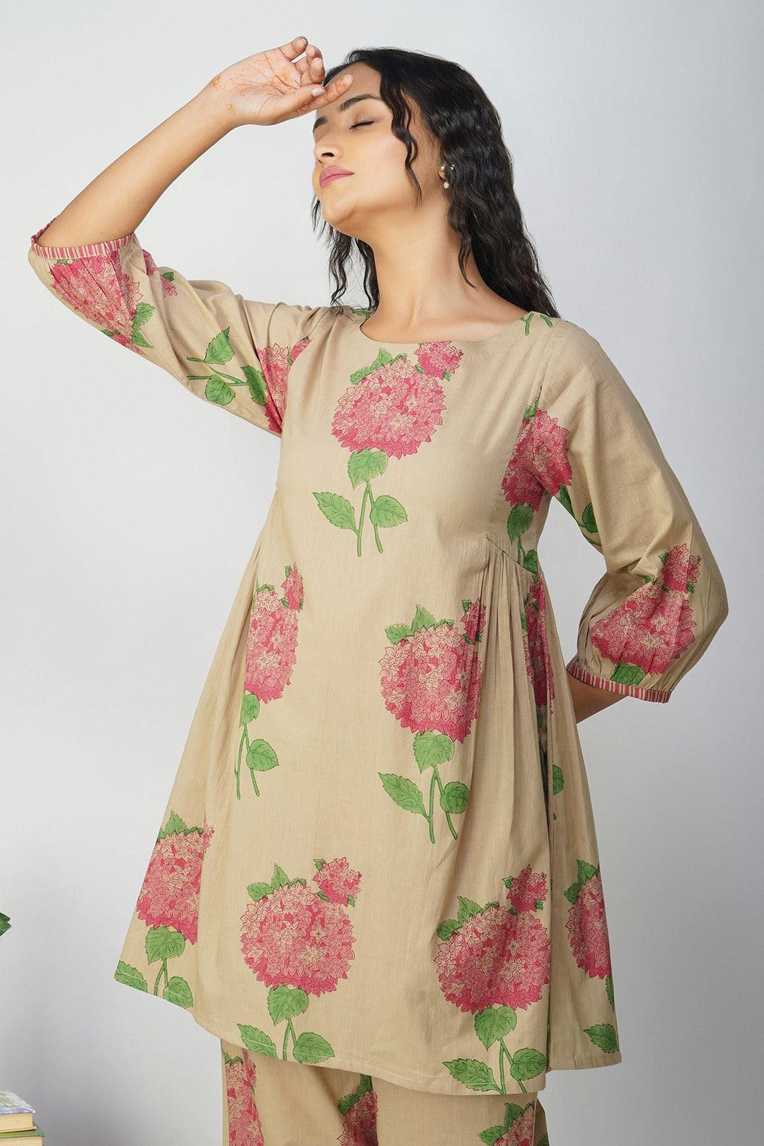 Pink Hydrangea Side Gather Block Printed Tunic